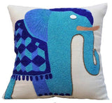 Blue Elephant - Blue Cotton Linen Decorative Euro Sham