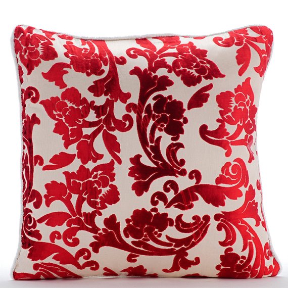 Cayenne Red Florals - Cayenne Red Burnout Velvet Decorative Euro Sham