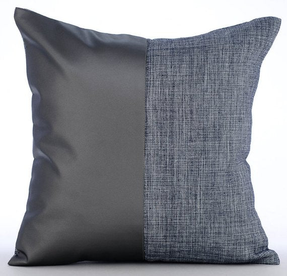 Charcoal Grey Leather N Jute Pillow Cover