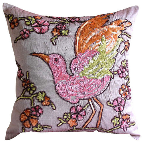 Silver Birdy - Gray Art Silk Throw Pillow Cover