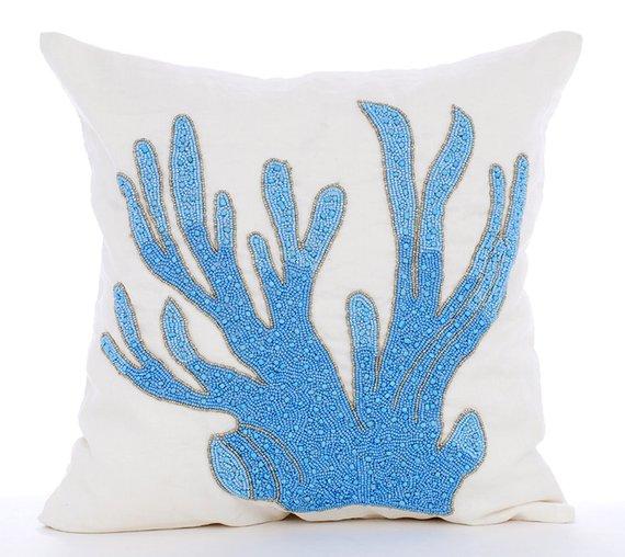 Coral Treasure - Aqua Blue Cotton Linen Decorative Euro Sham