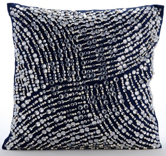 Crystals N Pearls Jam - Navy Blue Taffeta Decorative Euro Sham