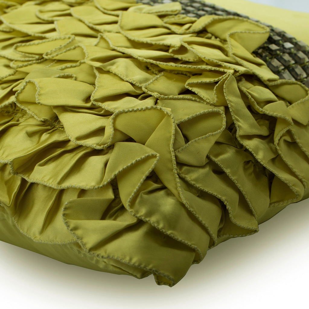 Diamonds And Ruffles - Green Satin Throw Cushion Cover