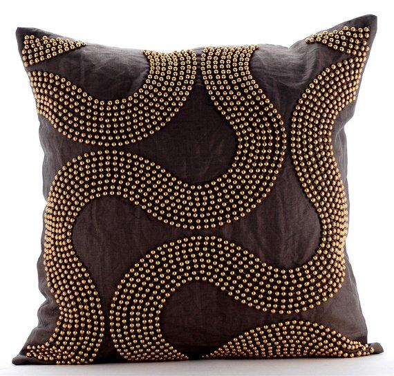 Gold Bead Trail - Brown Cotton Linen Decorative Euro Sham