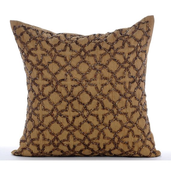 Gold Celebration Beaded Throw Pillow Cover