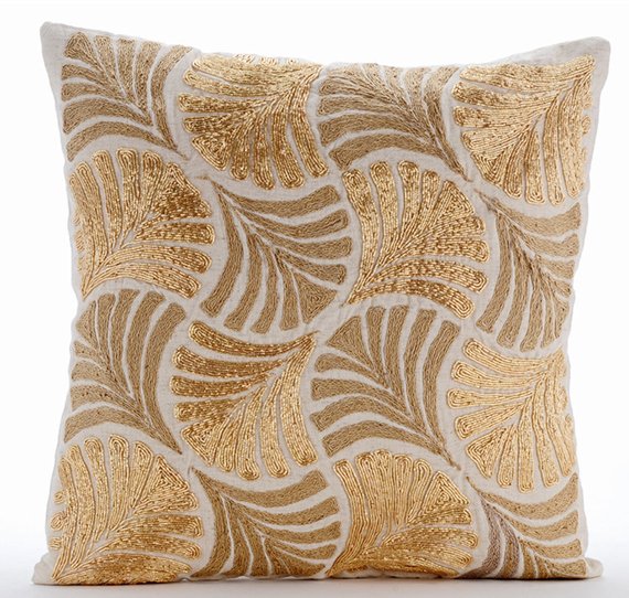Gold Beige Cotton Linen Throw Pillow Cover, Gold Ginko Leaves
