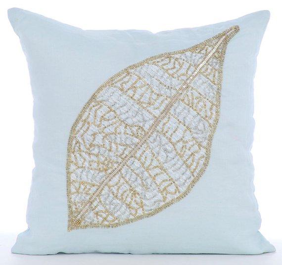 Gold Leaflet - Light Blue Cotton Linen Decorative Euro Sham