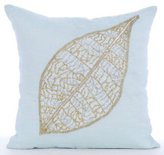 Gold Leaflet - Light Blue Cotton Linen Decorative Euro Sham
