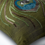 Green Peacock Feather - Green Art Silk Decorative Euro Sham