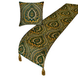 Damask Tapestry - Jacquard Green Decorative Bed Runner and Cushion Cover