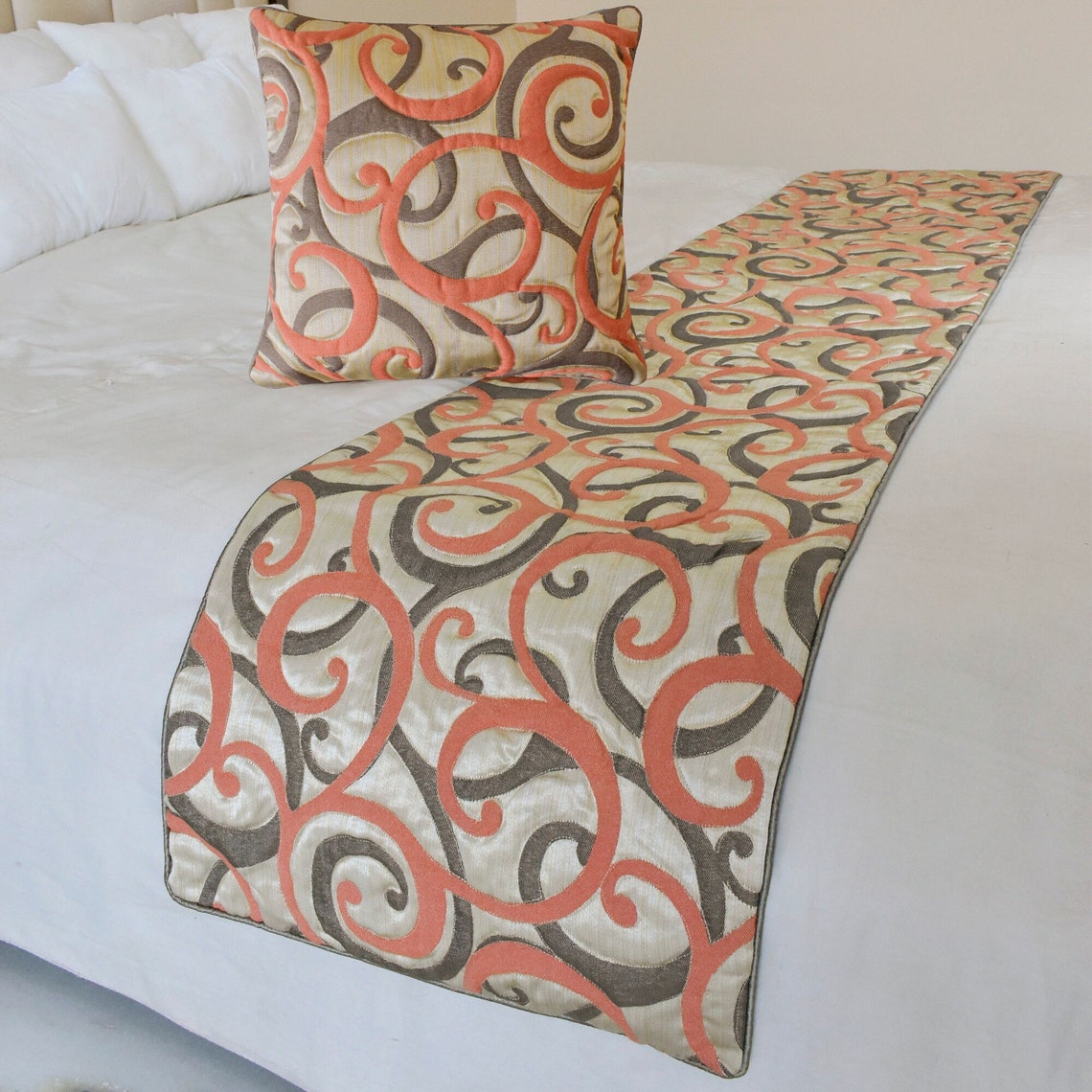 Scroll Cascade Decorative Bed Runner and Cushion Cover