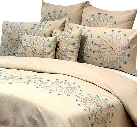Linen Ferris Wheel - Beige, Metallic Blue Linen Duvet Cover Set