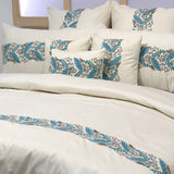Fern Embroidery - Ivory, Blue, brown Cotton Duvet Cover Set