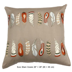 Beige Feather Embroidery - Beige, Orange Cotton Duvet Cover Set