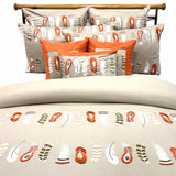 Beige Feather Embroidery - Beige, Orange Cotton Duvet Cover Set