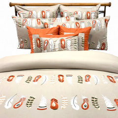 Beige Feather Embroidery - Beige, Orange Cotton Duvet Cover Set