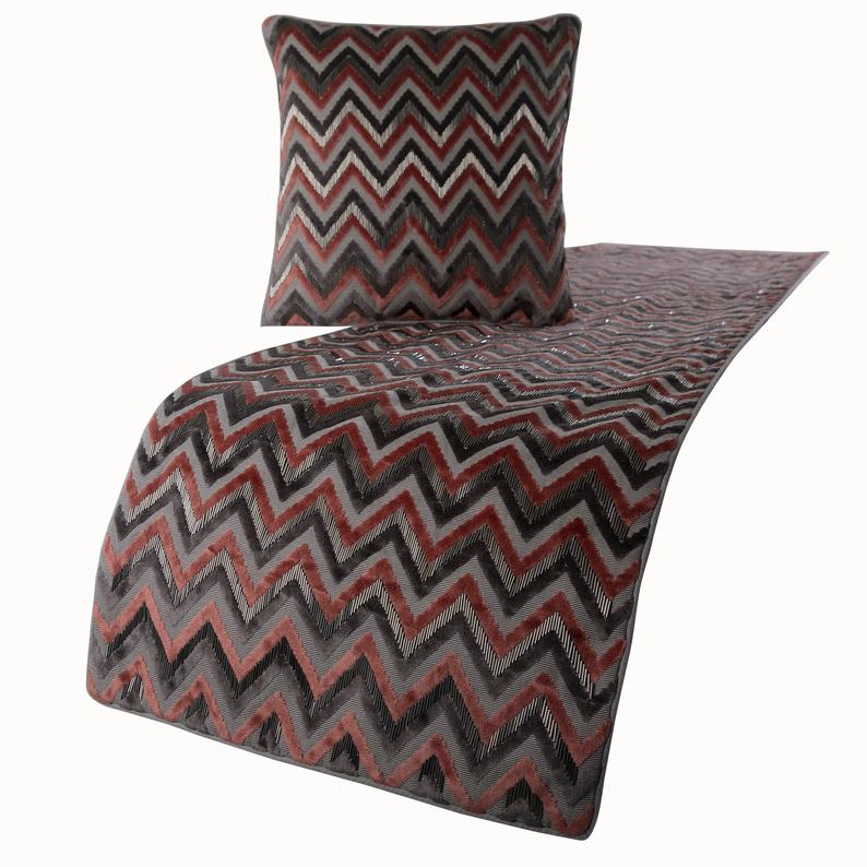 Velvet Peach & Grey Decorative Bed Runner and Cushion Cover - Blushed Chevron