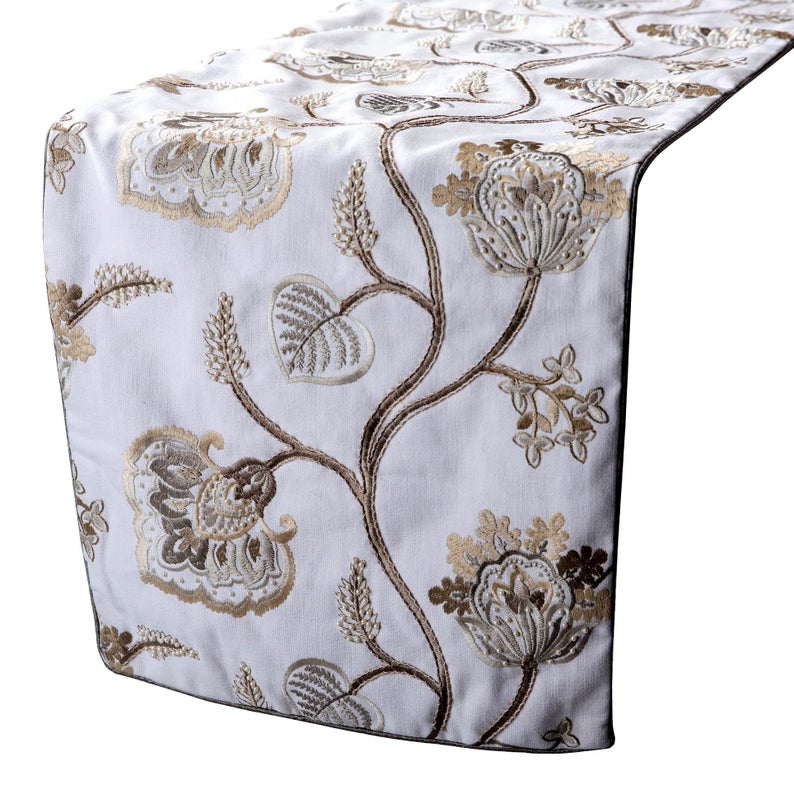 Ivory Cotton  Decorative Table Runners Creamy Blooms