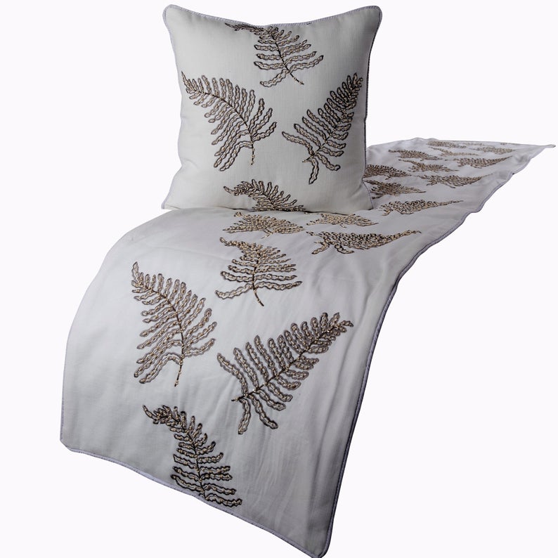 Linen White Decorative Bed Runner and Cushion Cover - Fern Blossom