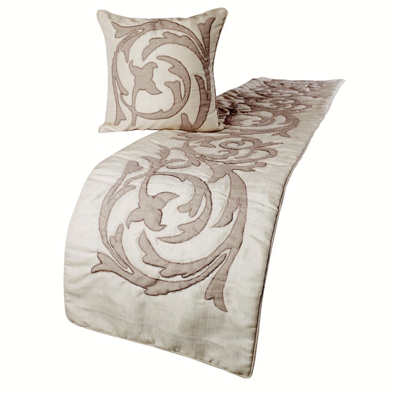 Ivory & Beige Linen Decorative Bed Runner and Cushion Cover, Pretty Dainty