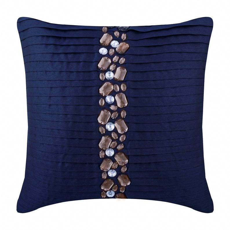 Navy Blue Crystals - Navy Blue Art Silk Decorative Euro Sham