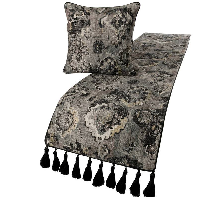 Paved Damask - Black & Grey Velvet Decorative Bed Runner and Cushion Cover