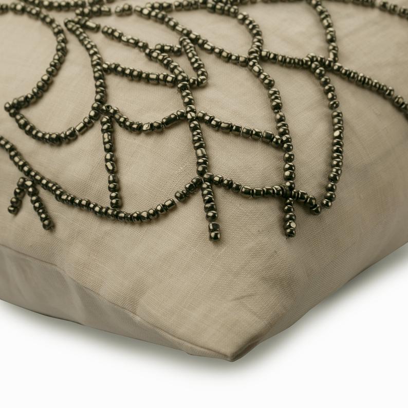 Beige Magnet Beaded Throw Pillow Cover
