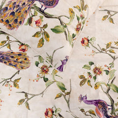 Peacock Queen - Cotton Printed with Beads Ivory & Multicolor Decorative Bed Runner and Cushion Cover