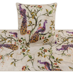 Peacock Queen - Cotton Printed with Beads Ivory & Multicolor Decorative Bed Runner and Cushion Cover