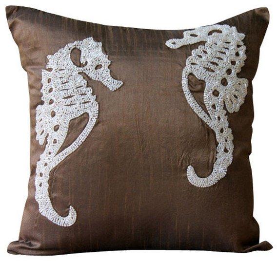 Ivory Sea Horse Beaded Decorative Euro Sham