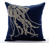 Jelly Fish At The Shore - Navy Blue Cotton Linen Decorative Euro Sham