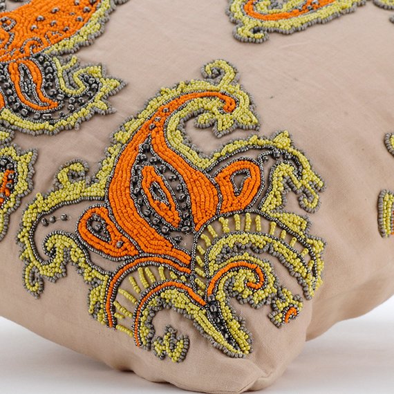 Joyful Paisley - Orange Cotton Linen Throw Pillow Cover