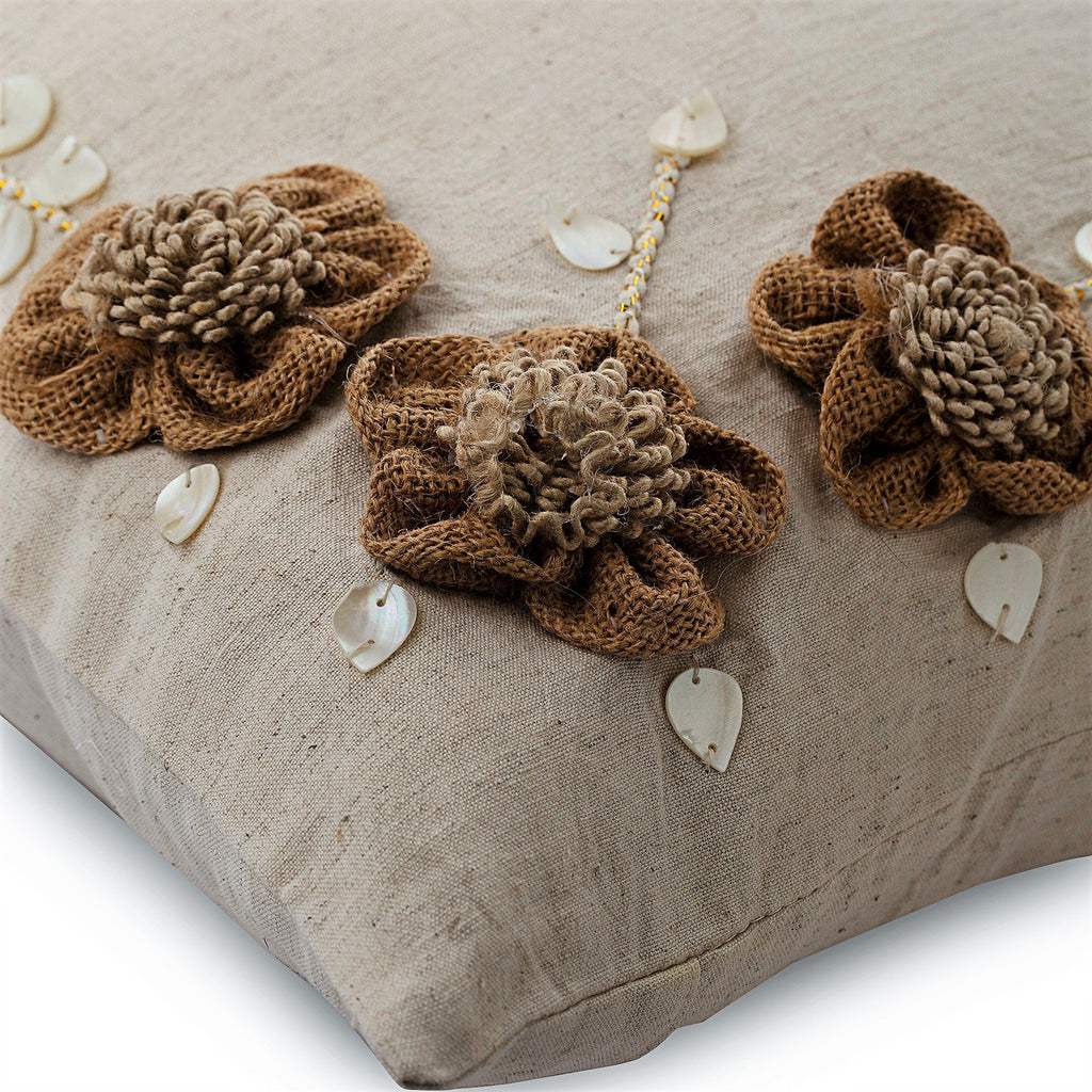 Jute Blooms - Natural Beige Cotton Linen Decorative Euro Sham