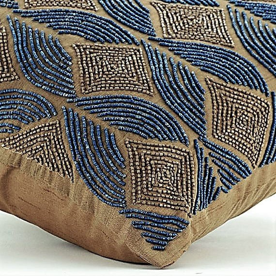 Moroccan Blue Beaded Throw Pillow Cover