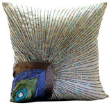 Peacock Grace - Aqua Blue Art Silk Throw Pillow Cover