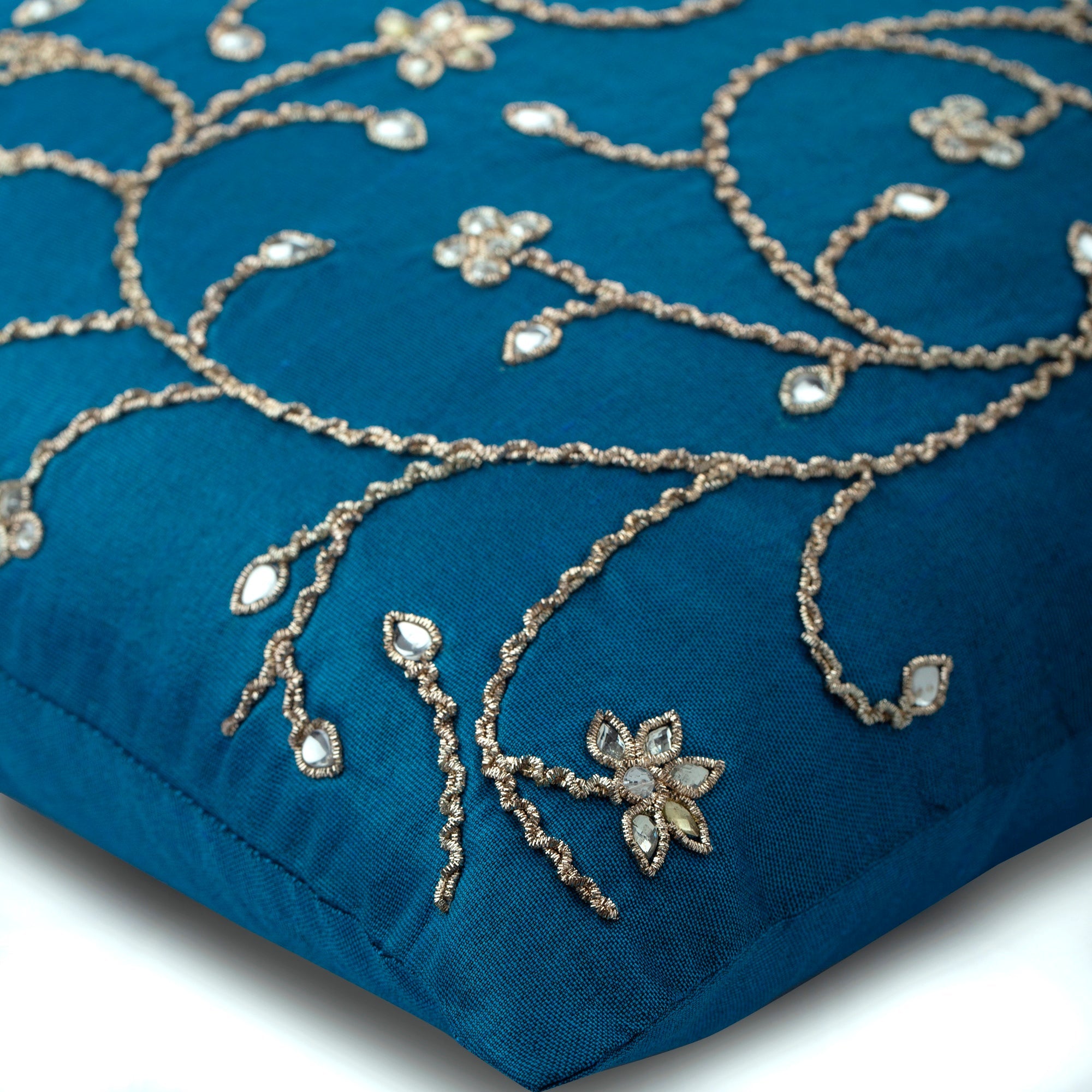 Peacock Blue Ivy Zardozi Throw Pillow Cover