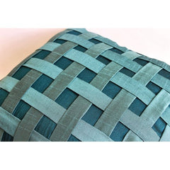 Peacock Green N Teal Basket Weave - Teal Blue Art Silk Throw Pillow Cover
