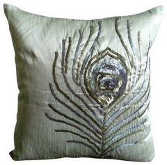 Pearly Peacock Feather - Natural Beige Cotton Linen Decorative Euro Sham