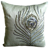 Peacock Feather - Silver Art Silk Decorative Euro Sham