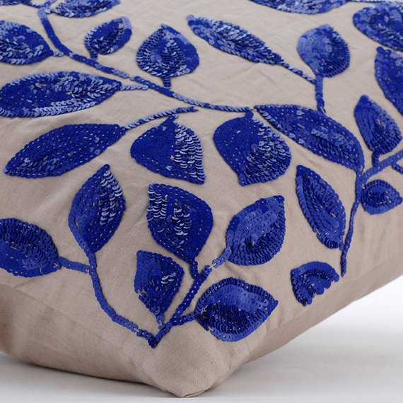 Rainy Blue Leaves - Mocha Cotton Linen Throw Pillow Cover