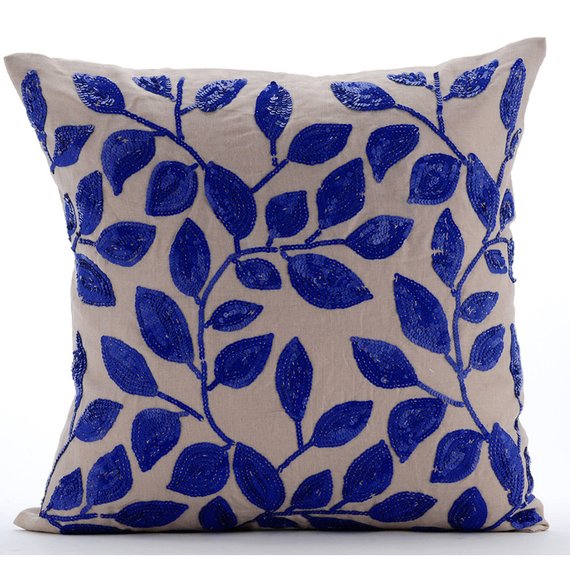 Rainy Blue Leaves - Mocha Cotton Linen Decorative Euro Sham
