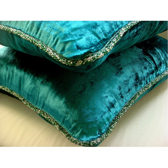Royal Peacock Green Shimmer - Royal Peacock Green Velvet Throw Pillow Cover
