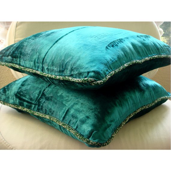 Royal Peacock Green Shimmer - Royal Peacock Green Velvet Throw Pillow Cover