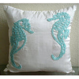 Sea Horse Aqua - White Art Silk Decorative Euro Sham