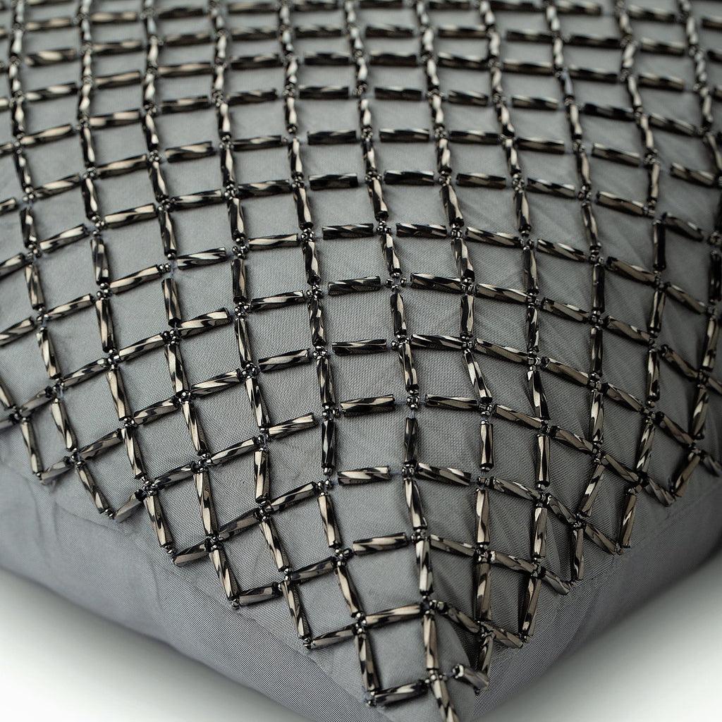 Silver Checkered - Silver Taffeta Throw Pillow Cover