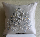 Silver Leaf - Silver Beige Art Silk Throw Pillow Cover