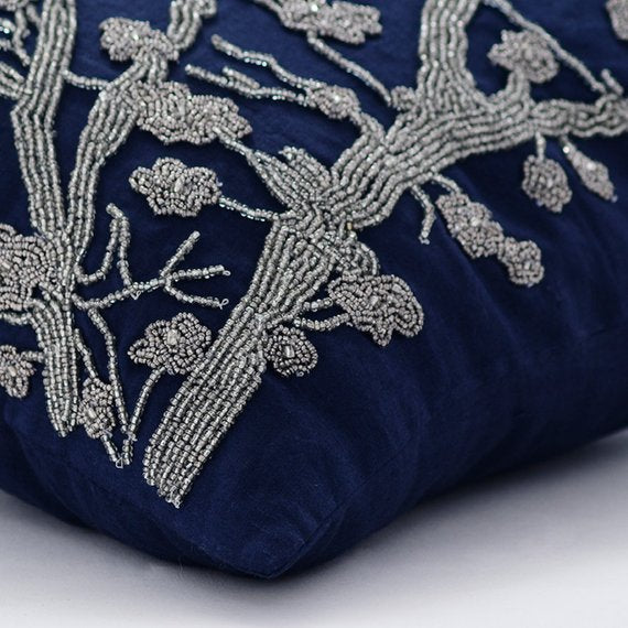 Silver Magnolia - Navy Blue Cotton Linen Throw Pillow Cover