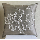 Snow Flowers - Gray Art Silk Throw Pillow Cover