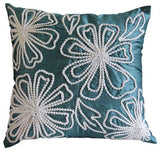 Snowy Blooms - Teal Blue Art Silk Decorative Euro Sham