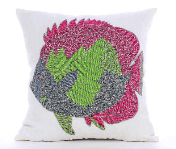The Fishy Way - White Cotton Linen Decorative Euro Sham